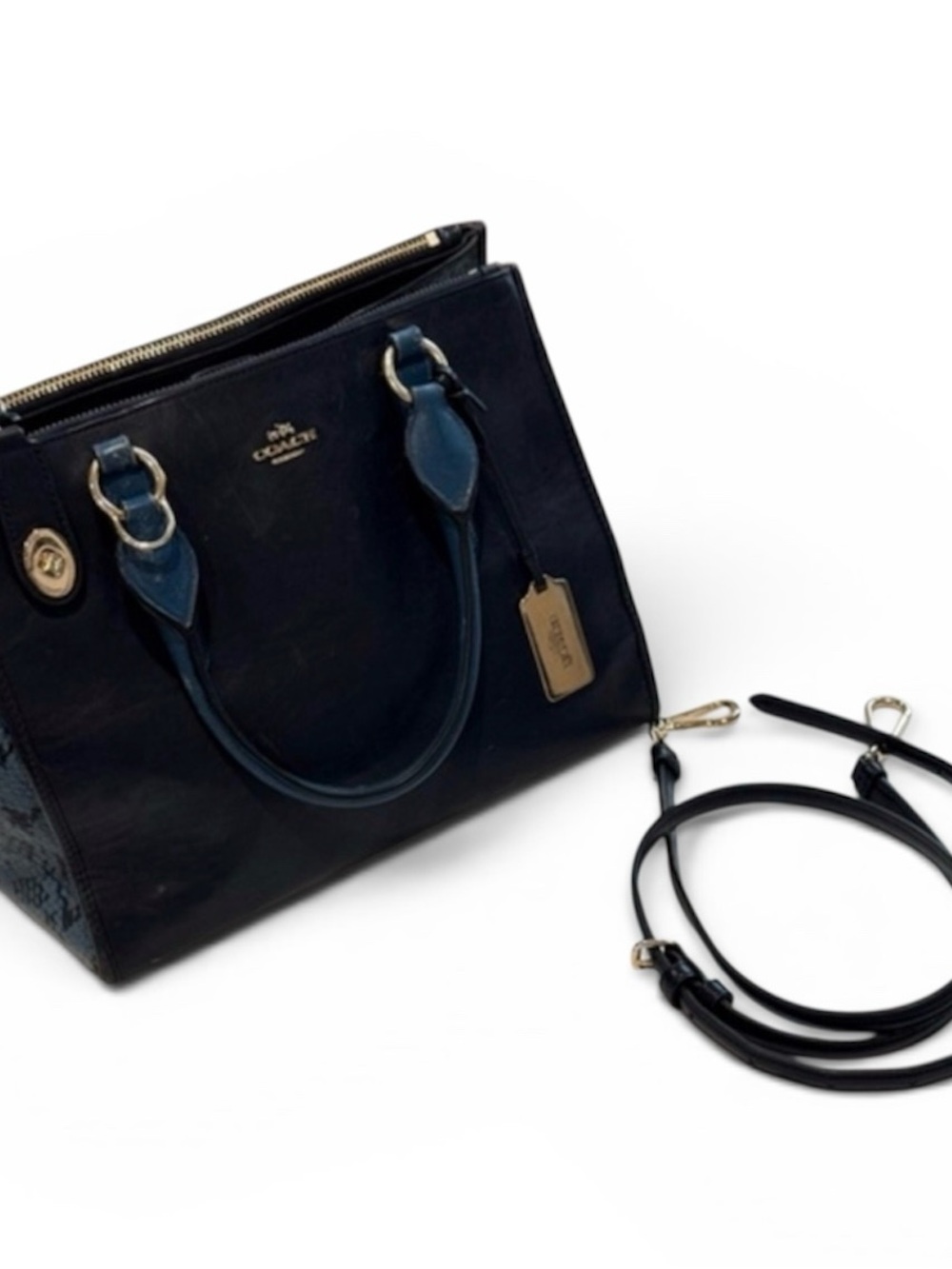 Coach Crosby Dark Blue Leather 3 pocket Satchel with Detachable Strap